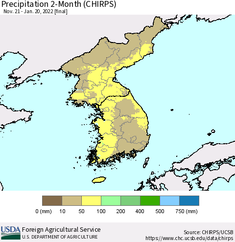 Korea Precipitation 2-Month (CHIRPS) Thematic Map For 11/21/2021 - 1/20/2022