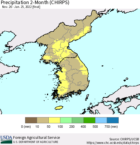 Korea Precipitation 2-Month (CHIRPS) Thematic Map For 11/26/2021 - 1/25/2022