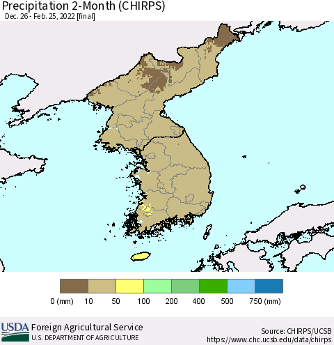 Korea Precipitation 2-Month (CHIRPS) Thematic Map For 12/26/2021 - 2/25/2022