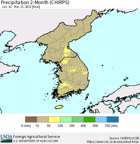 Korea Precipitation 2-Month (CHIRPS) Thematic Map For 1/16/2022 - 3/15/2022