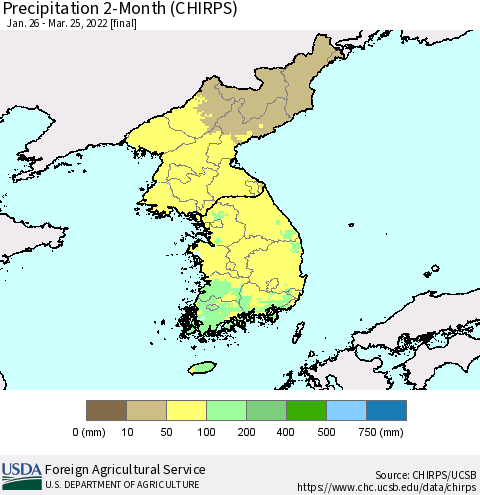 Korea Precipitation 2-Month (CHIRPS) Thematic Map For 1/26/2022 - 3/25/2022