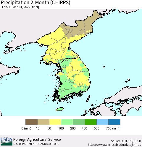 Korea Precipitation 2-Month (CHIRPS) Thematic Map For 2/1/2022 - 3/31/2022