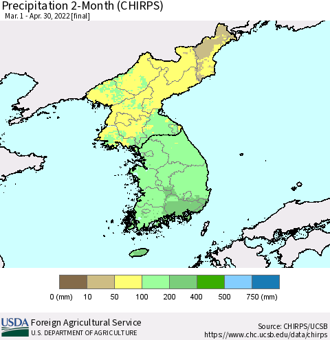 Korea Precipitation 2-Month (CHIRPS) Thematic Map For 3/1/2022 - 4/30/2022