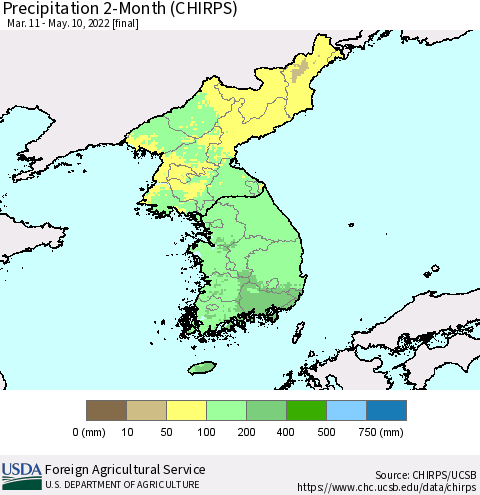 Korea Precipitation 2-Month (CHIRPS) Thematic Map For 3/11/2022 - 5/10/2022