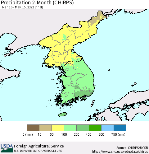 Korea Precipitation 2-Month (CHIRPS) Thematic Map For 3/16/2022 - 5/15/2022