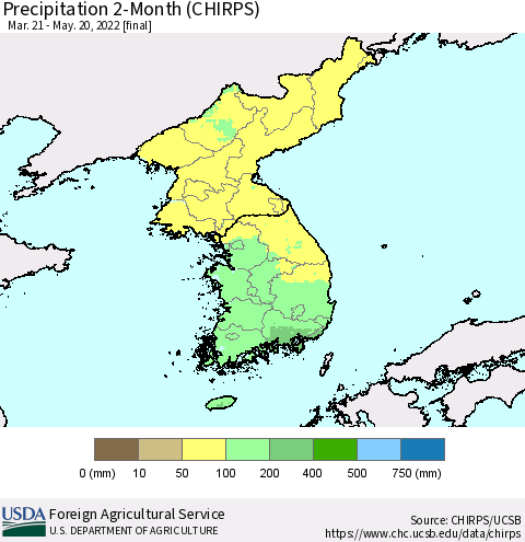 Korea Precipitation 2-Month (CHIRPS) Thematic Map For 3/21/2022 - 5/20/2022
