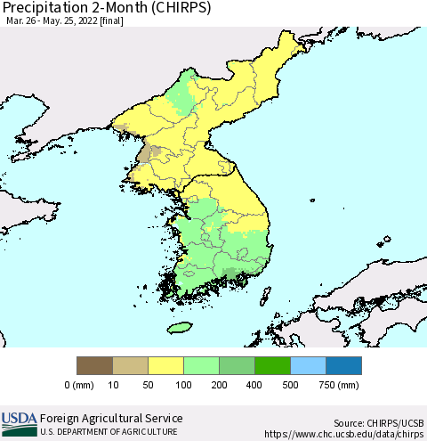Korea Precipitation 2-Month (CHIRPS) Thematic Map For 3/26/2022 - 5/25/2022