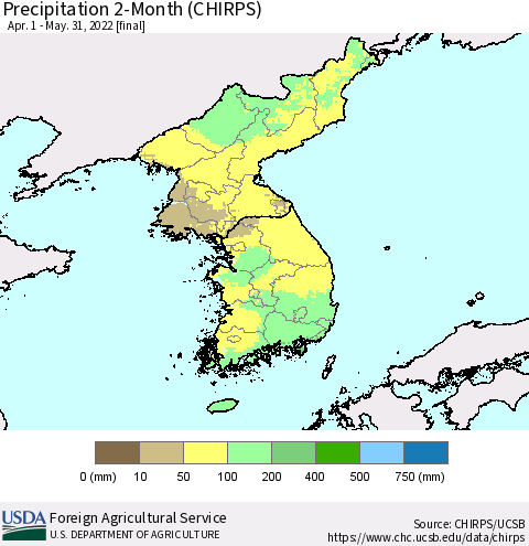 Korea Precipitation 2-Month (CHIRPS) Thematic Map For 4/1/2022 - 5/31/2022