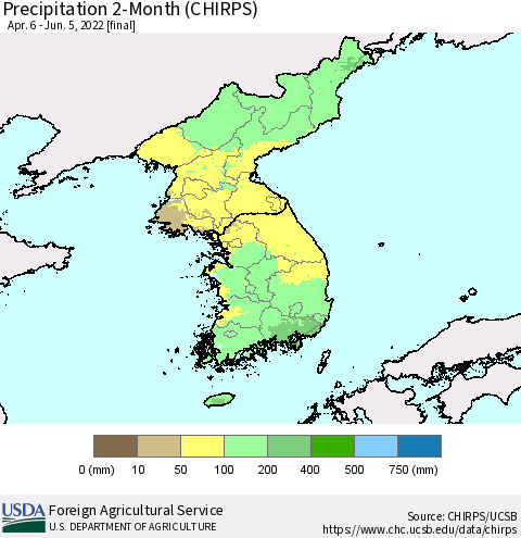 Korea Precipitation 2-Month (CHIRPS) Thematic Map For 4/6/2022 - 6/5/2022