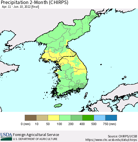Korea Precipitation 2-Month (CHIRPS) Thematic Map For 4/11/2022 - 6/10/2022