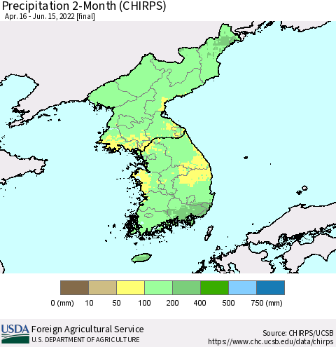 Korea Precipitation 2-Month (CHIRPS) Thematic Map For 4/16/2022 - 6/15/2022