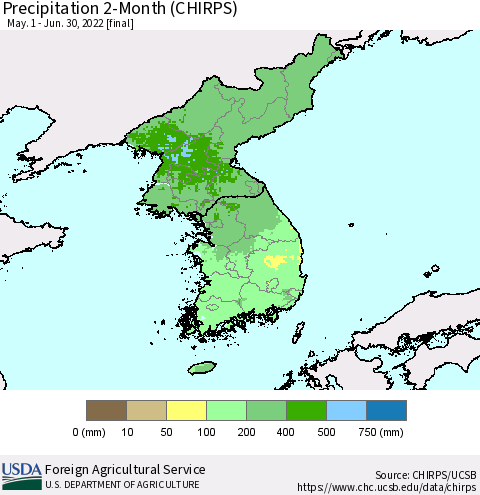 Korea Precipitation 2-Month (CHIRPS) Thematic Map For 5/1/2022 - 6/30/2022