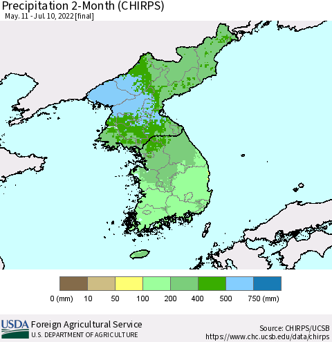 Korea Precipitation 2-Month (CHIRPS) Thematic Map For 5/11/2022 - 7/10/2022