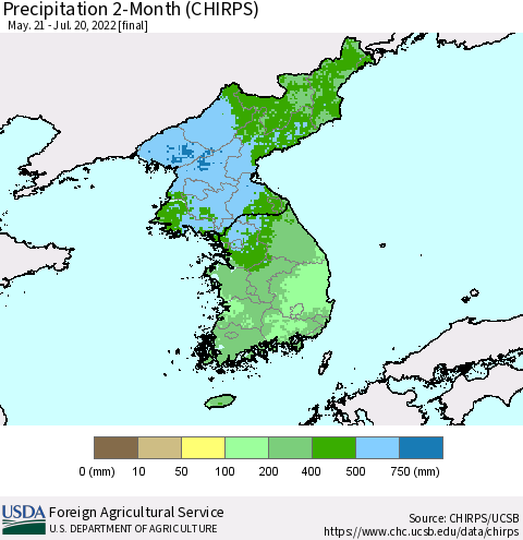 Korea Precipitation 2-Month (CHIRPS) Thematic Map For 5/21/2022 - 7/20/2022
