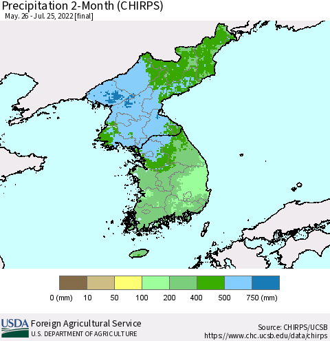 Korea Precipitation 2-Month (CHIRPS) Thematic Map For 5/26/2022 - 7/25/2022