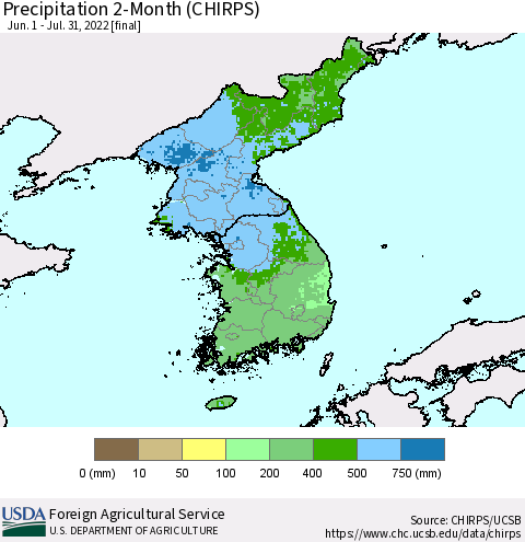 Korea Precipitation 2-Month (CHIRPS) Thematic Map For 6/1/2022 - 7/31/2022