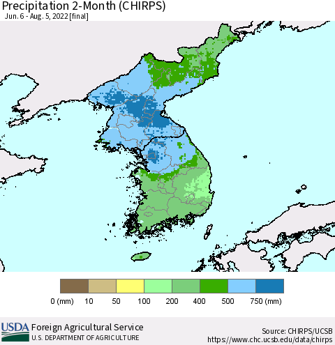 Korea Precipitation 2-Month (CHIRPS) Thematic Map For 6/6/2022 - 8/5/2022