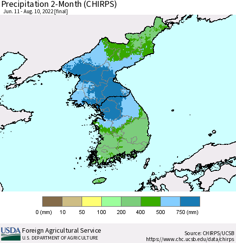 Korea Precipitation 2-Month (CHIRPS) Thematic Map For 6/11/2022 - 8/10/2022
