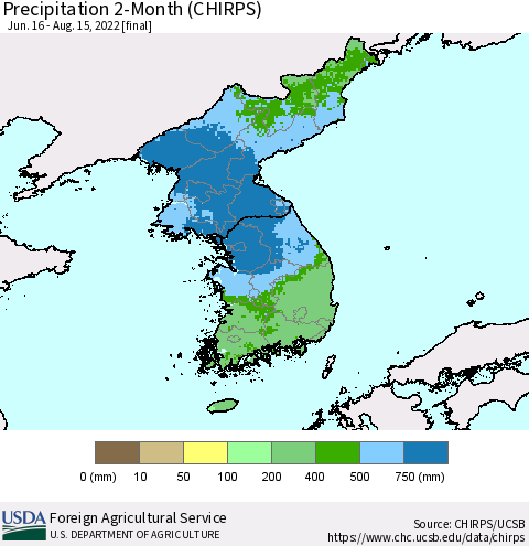 Korea Precipitation 2-Month (CHIRPS) Thematic Map For 6/16/2022 - 8/15/2022