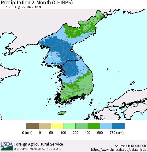 Korea Precipitation 2-Month (CHIRPS) Thematic Map For 6/26/2022 - 8/25/2022