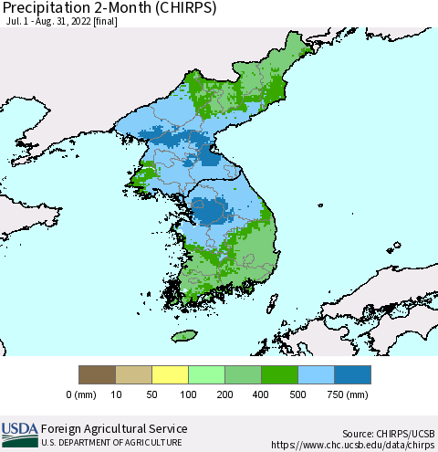 Korea Precipitation 2-Month (CHIRPS) Thematic Map For 7/1/2022 - 8/31/2022