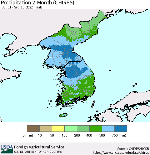 Korea Precipitation 2-Month (CHIRPS) Thematic Map For 7/11/2022 - 9/10/2022