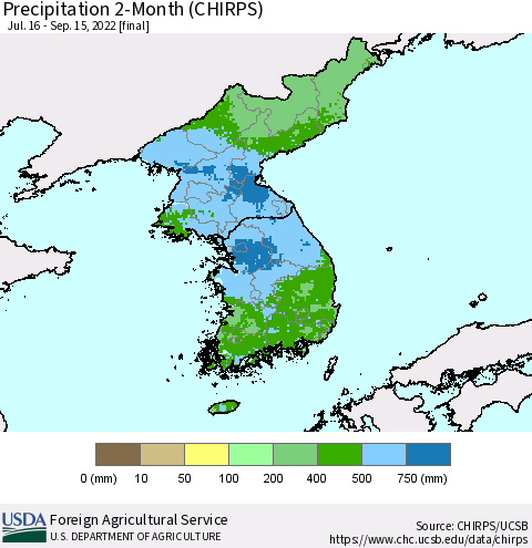Korea Precipitation 2-Month (CHIRPS) Thematic Map For 7/16/2022 - 9/15/2022