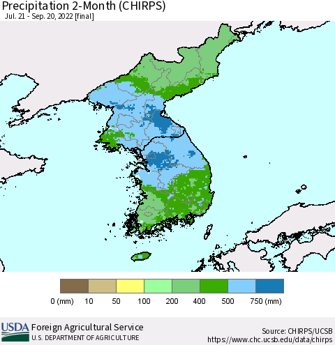 Korea Precipitation 2-Month (CHIRPS) Thematic Map For 7/21/2022 - 9/20/2022