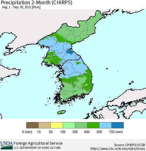 Korea Precipitation 2-Month (CHIRPS) Thematic Map For 8/1/2022 - 9/30/2022