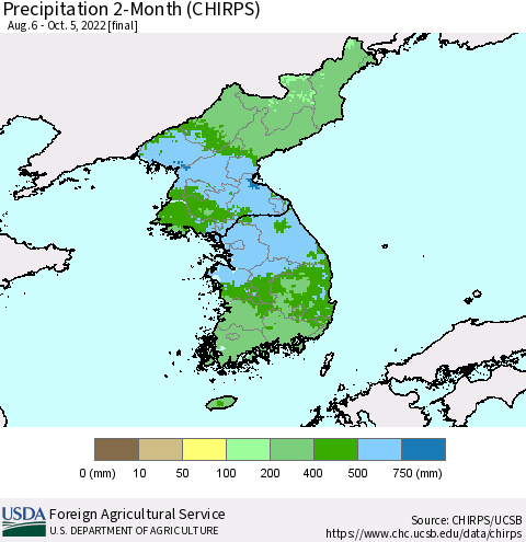 Korea Precipitation 2-Month (CHIRPS) Thematic Map For 8/6/2022 - 10/5/2022