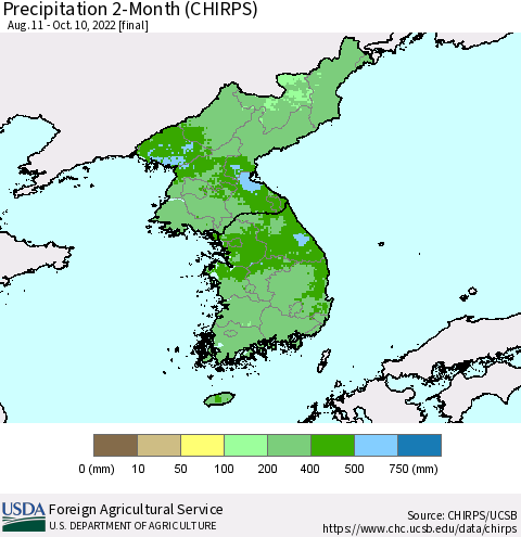 Korea Precipitation 2-Month (CHIRPS) Thematic Map For 8/11/2022 - 10/10/2022