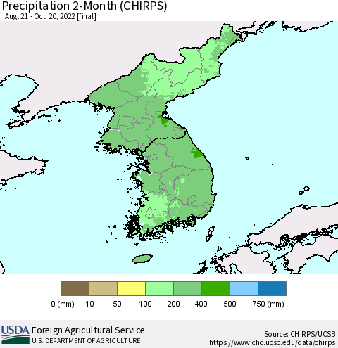Korea Precipitation 2-Month (CHIRPS) Thematic Map For 8/21/2022 - 10/20/2022