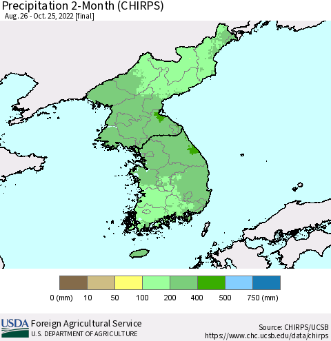 Korea Precipitation 2-Month (CHIRPS) Thematic Map For 8/26/2022 - 10/25/2022