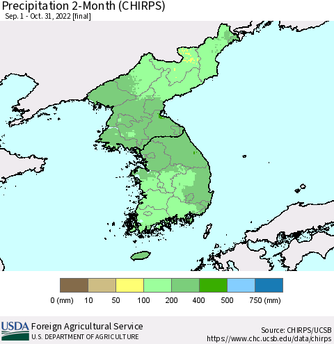 Korea Precipitation 2-Month (CHIRPS) Thematic Map For 9/1/2022 - 10/31/2022