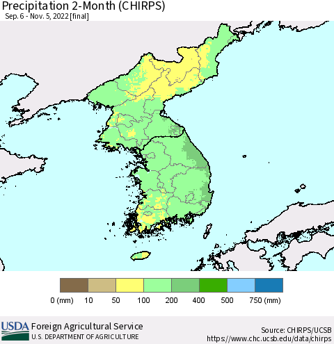 Korea Precipitation 2-Month (CHIRPS) Thematic Map For 9/6/2022 - 11/5/2022