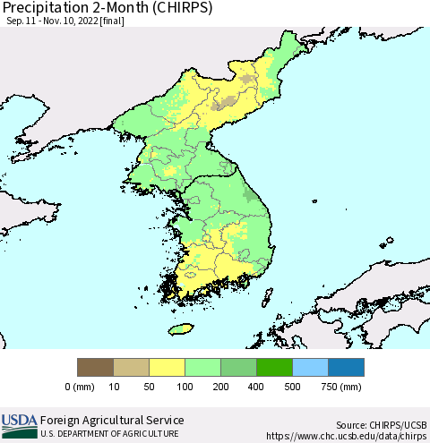 Korea Precipitation 2-Month (CHIRPS) Thematic Map For 9/11/2022 - 11/10/2022