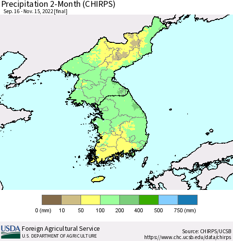Korea Precipitation 2-Month (CHIRPS) Thematic Map For 9/16/2022 - 11/15/2022