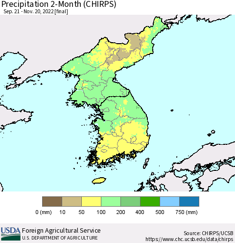 Korea Precipitation 2-Month (CHIRPS) Thematic Map For 9/21/2022 - 11/20/2022