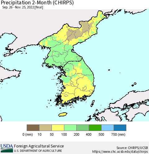 Korea Precipitation 2-Month (CHIRPS) Thematic Map For 9/26/2022 - 11/25/2022