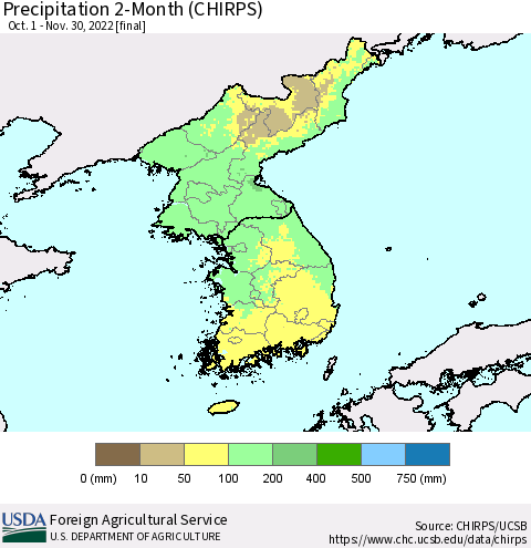 Korea Precipitation 2-Month (CHIRPS) Thematic Map For 10/1/2022 - 11/30/2022