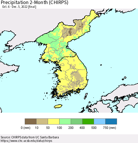 Korea Precipitation 2-Month (CHIRPS) Thematic Map For 10/6/2022 - 12/5/2022