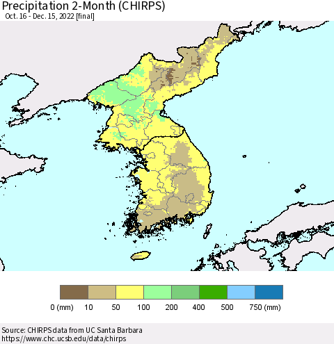Korea Precipitation 2-Month (CHIRPS) Thematic Map For 10/16/2022 - 12/15/2022