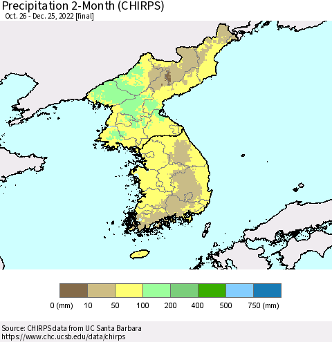 Korea Precipitation 2-Month (CHIRPS) Thematic Map For 10/26/2022 - 12/25/2022