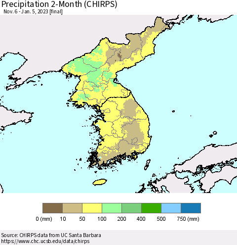 Korea Precipitation 2-Month (CHIRPS) Thematic Map For 11/6/2022 - 1/5/2023