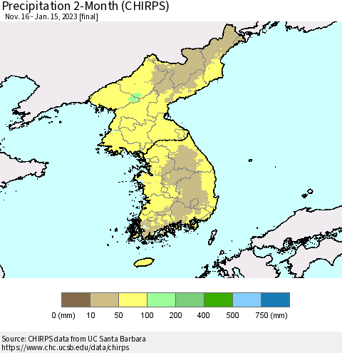 Korea Precipitation 2-Month (CHIRPS) Thematic Map For 11/16/2022 - 1/15/2023