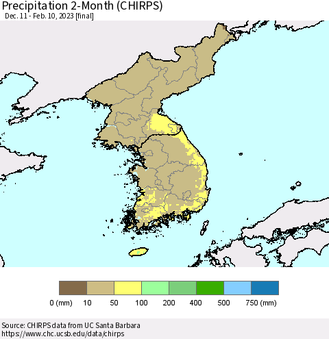 Korea Precipitation 2-Month (CHIRPS) Thematic Map For 12/11/2022 - 2/10/2023