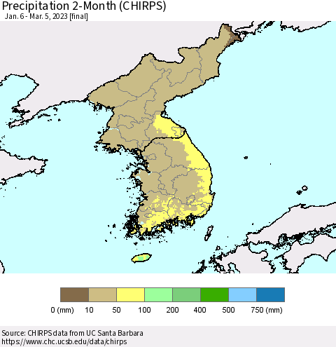 Korea Precipitation 2-Month (CHIRPS) Thematic Map For 1/6/2023 - 3/5/2023