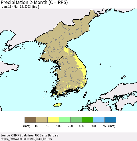 Korea Precipitation 2-Month (CHIRPS) Thematic Map For 1/16/2023 - 3/15/2023