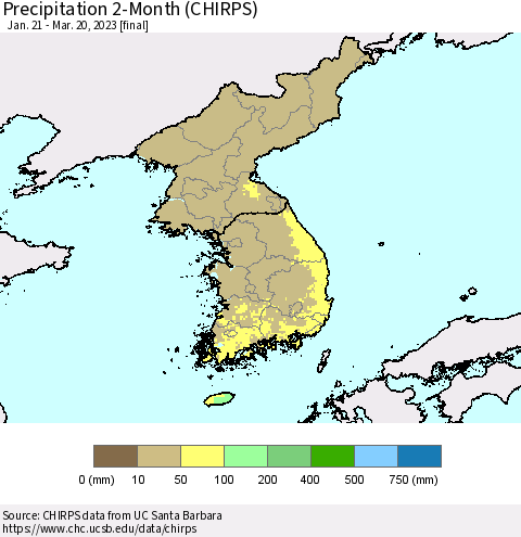 Korea Precipitation 2-Month (CHIRPS) Thematic Map For 1/21/2023 - 3/20/2023