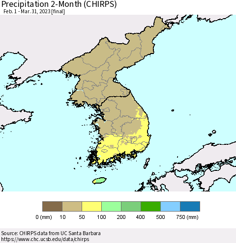 Korea Precipitation 2-Month (CHIRPS) Thematic Map For 2/1/2023 - 3/31/2023